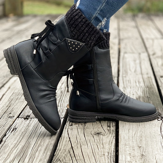 fachgo | Vintage Classic Elegant Mid-Calf Boots. Elastic Shaft Design with Lace-Up Adjustment for Plus-Size. Multiple Colors Available: Gray, Black, Khaki, Blue, Purple. Cute Round-Toe Slip-On Autumn Ankle Boots, a Lovely Gift for Wom
