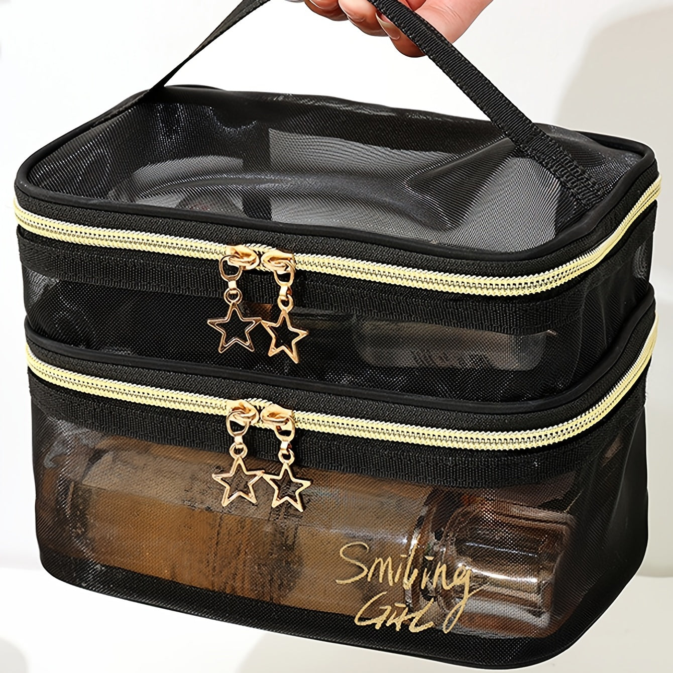 fachgo | Spacious Travel Cosmetic Organizer - Dual-Layer Clear Mesh Makeup Bag with Secure Zipper for Women