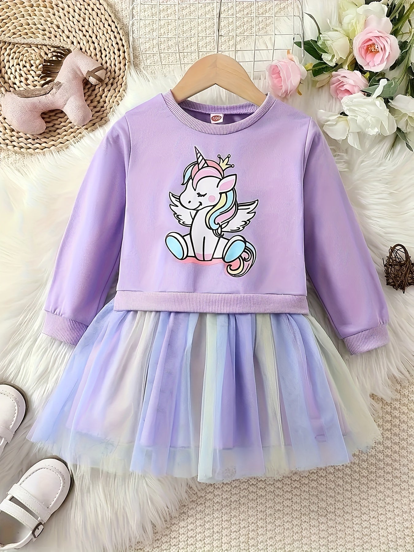 fachgo | Rainbow Tutu Hem Unicorn Print Long Sleeve Sweatshirt Dress - Magical Party & Vacation Outfit for Trendy Girls - Cozy Spring/Autumn Wear