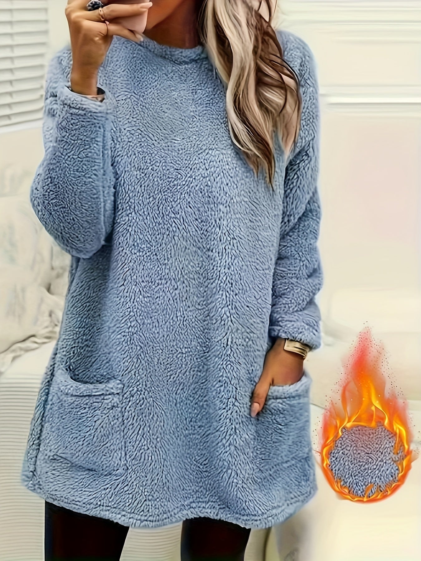 fachgo | Women's Cozy Plush Sweatshirt, Soft Purple Long Sleeve Pullover with Front Pockets Round Neck, Casual Sweater for Spring/Fall, Everyday & Formal Outfits