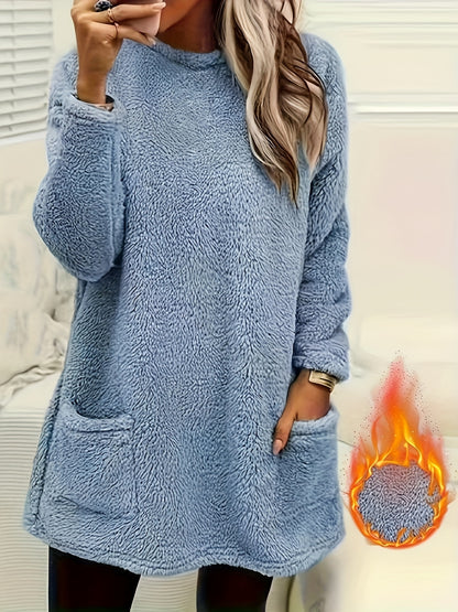 fachgo | Women's Cozy Plush Sweatshirt, Soft Purple Long Sleeve Pullover with Front Pockets Round Neck, Casual Sweater for Spring/Fall, Everyday & Formal Outfits