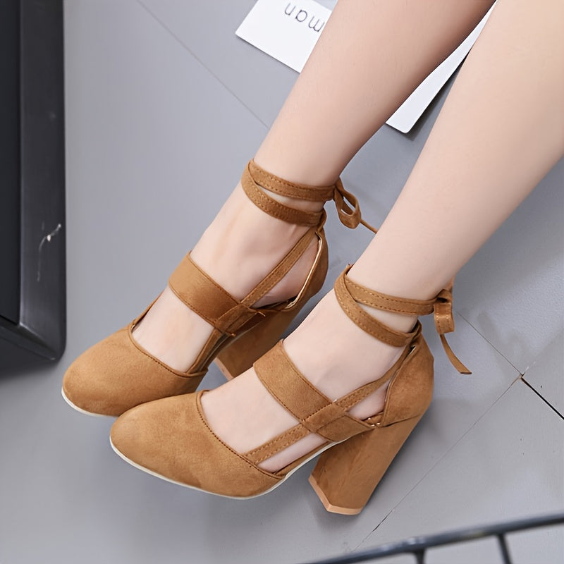 fachgo | [Elegant Sandals] Elegant High Heel Sandals | Women's - Solid Color Fabric Upper, Round Toe, Lace-Up Ankle Strap, Block Heel, Rubber Sole, Man-Made Insole & Inner Material