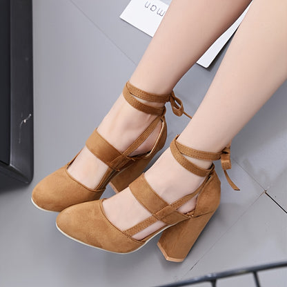 fachgo | [Elegant Sandals] Elegant High Heel Sandals | Women's - Solid Color Fabric Upper, Round Toe, Lace-Up Ankle Strap, Block Heel, Rubber Sole, Man-Made Insole & Inner Material