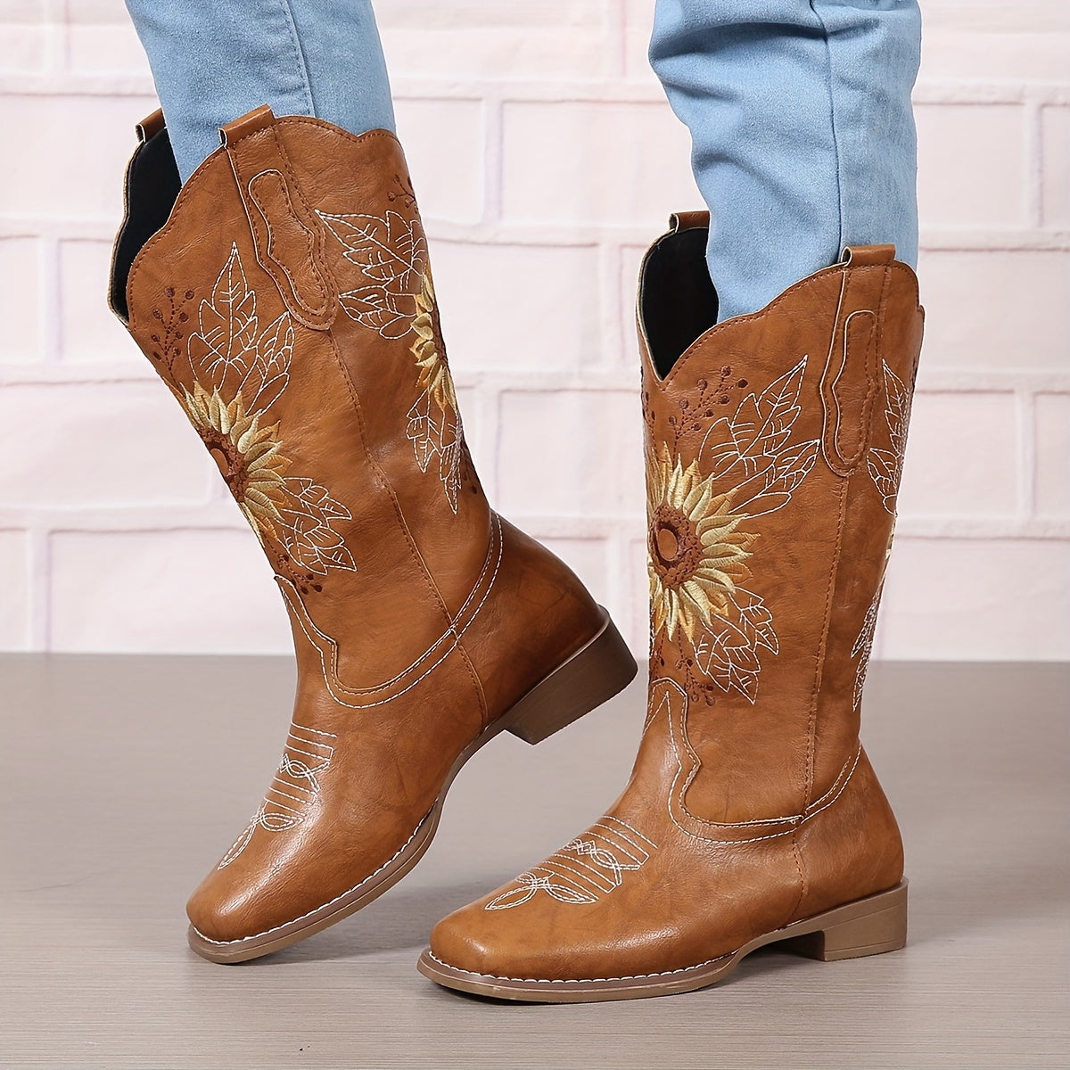 fachgo | [Mid Calf Embroidered Western Boots] Women's Embroidered Mid Calf Western Boots, Faux Leather Fashion Boots, Women's Footwear