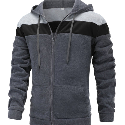 fachgo | Men'S Casual Hooded Sweatshirt, Solid Color Zip-Up Pullover, Long Sleeve Polyester Knit Fabric, Regular Fit with Slight Stretch, 160gsm - Autumn/Winter Fashion