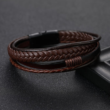 fachgo | 1pc Men's Hand-Woven Multi-Layer Leather Bracelet with Buckle Closure - Stylish Faux Leather Cuff, Durable & Versatile Accessory for Casual or Formal Wear