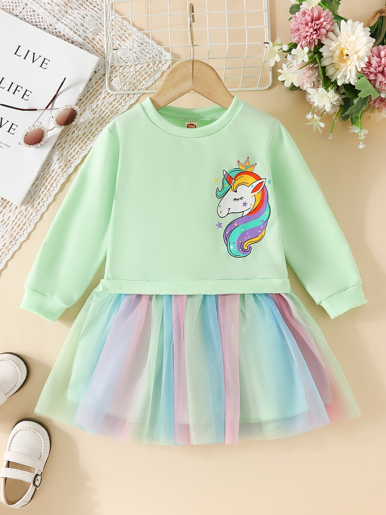 fachgo | Rainbow Tutu Hem Unicorn Print Long Sleeve Sweatshirt Dress - Magical Party & Vacation Outfit for Trendy Girls - Cozy Spring/Autumn Wear