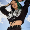 Women Gothic Skull Print Cropped Hoodie Pullover Top