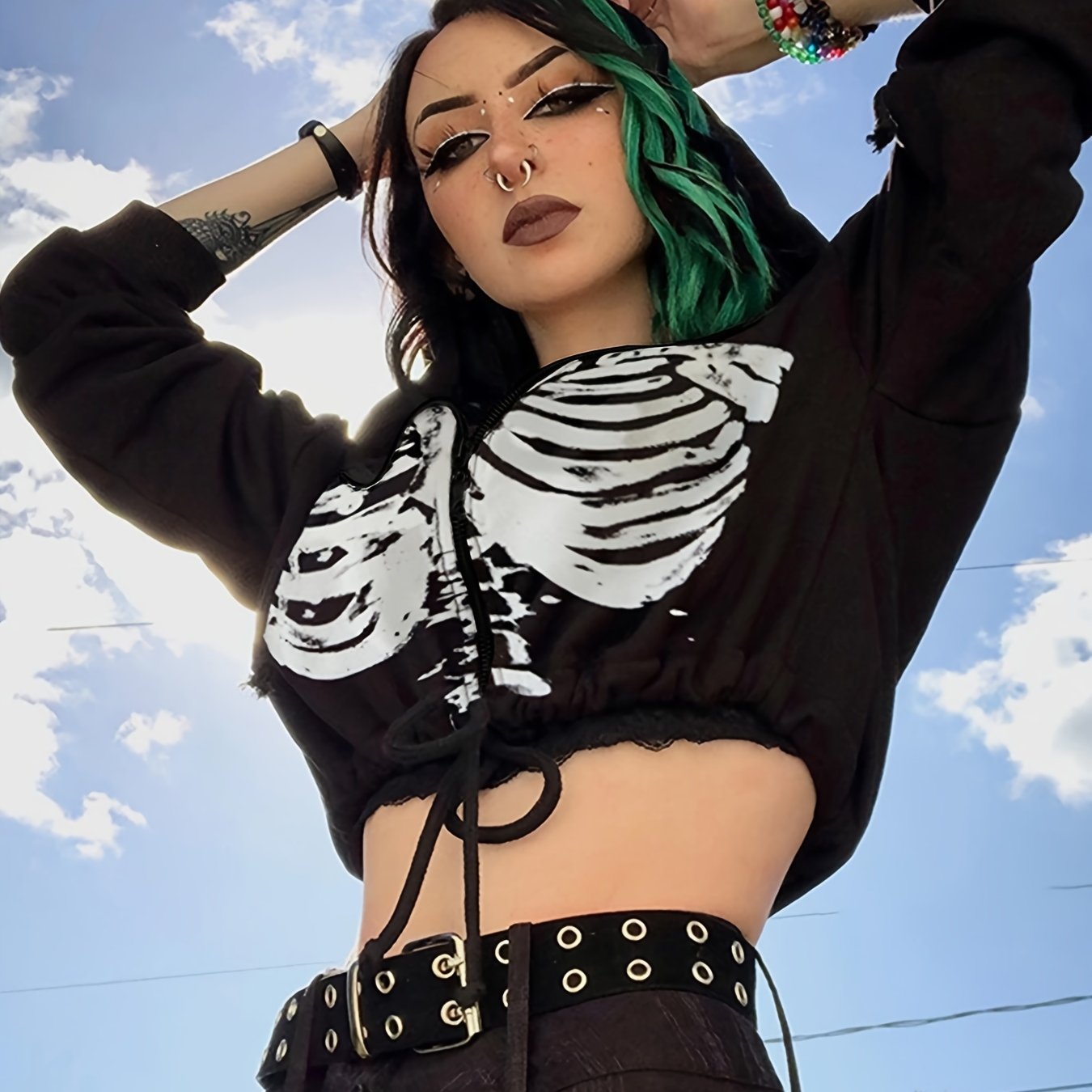 fachgo | Women's Fashion Gothic Skull Print Casual Drawstring Short Hoodie Long Sleeve Top