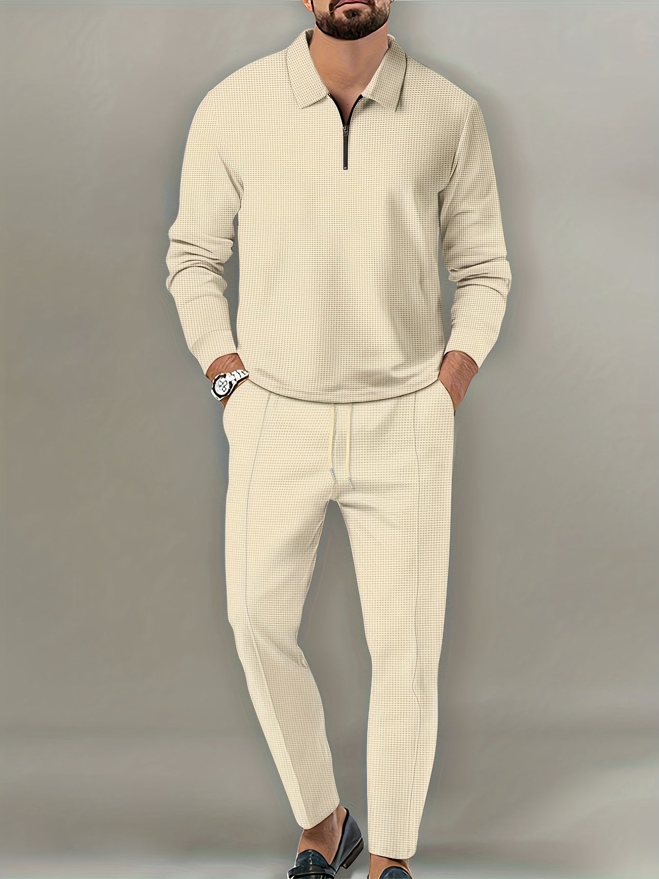 fachgo | 2Pcs Men's Waffle Pattern Outfits, Casual V Neck Long Sleeve Pullover Sweatshirt And Drawstring Sweatpants Joggers Set For Spring Fall
