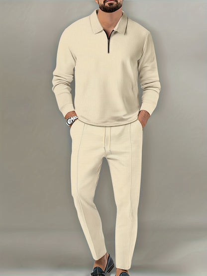 fachgo | 2Pcs Men's Waffle Pattern Outfits, Casual V Neck Long Sleeve Pullover Sweatshirt And Drawstring Sweatpants Joggers Set For Spring Fall