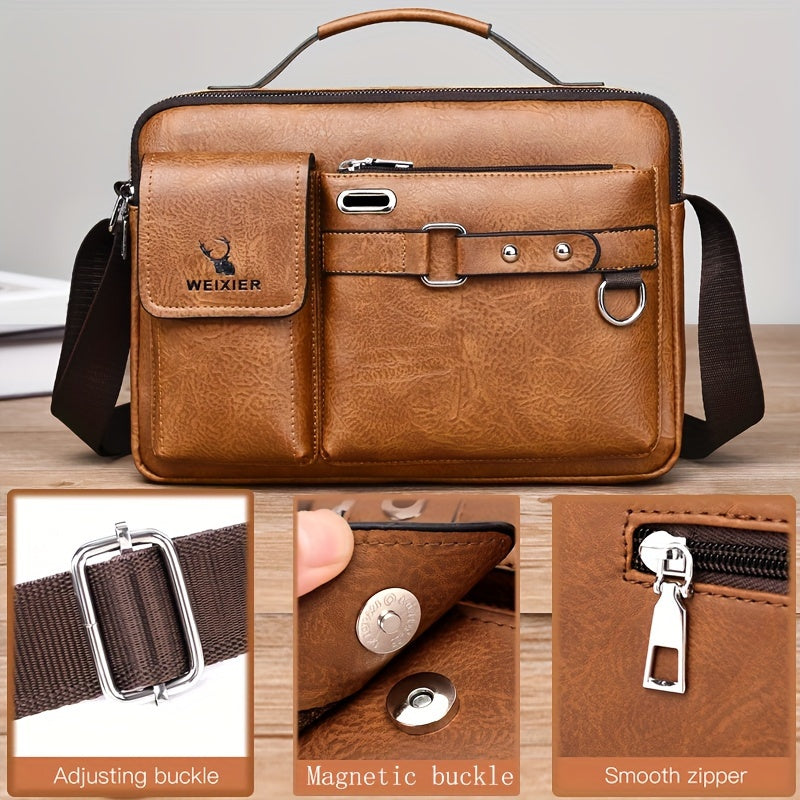 fachgo | WEIXIER Men's Business Crossbody Bag with Adjustable Strap, Golden-Tone Hardware & Multi-Compartment Design - Brown/Tan -like Texture, Golden-Tone Hardware, Compatible with iPhone/ Smartphones - Casual & Formal Office, Travel