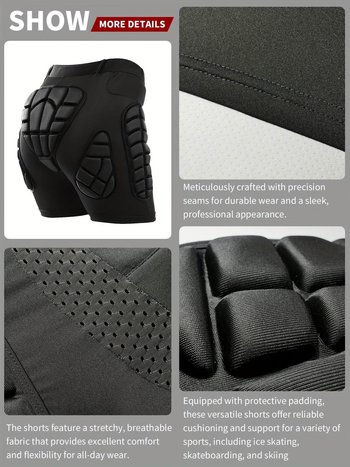 fachgo | VEPAUS Breathable 3D Padded Shorts for Ice Hockey, Snowboarding, Gymnastics, Roller Skating - Moisture Wicking, Flexible, High Stretch Polyester Knit Fabric, Regular Fit, Four Seasons Sports Gear