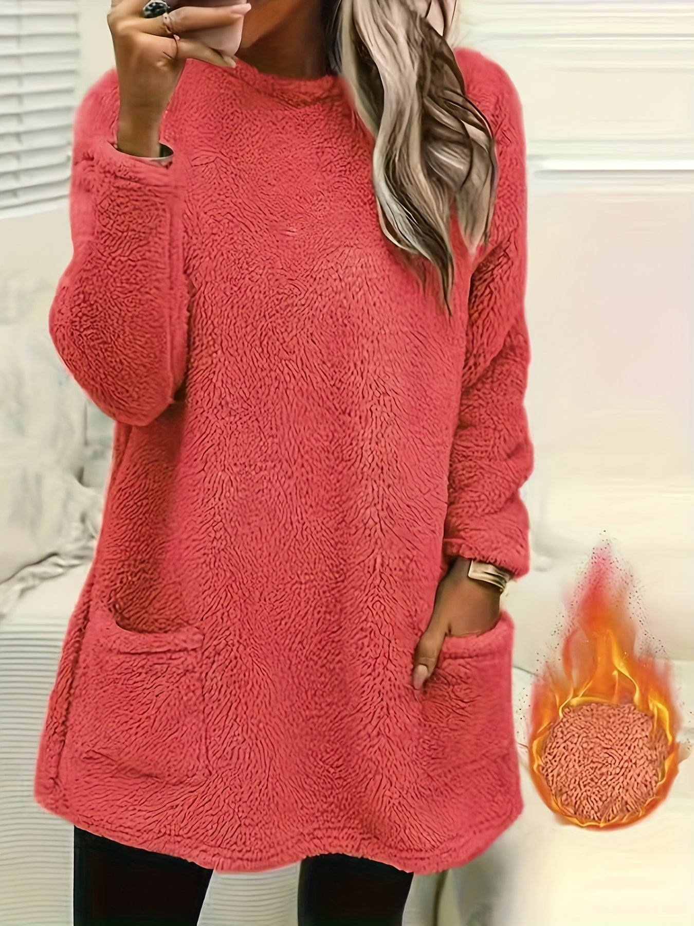 fachgo | [2025 New Plush Sweatshirt] New Autumn Winter Women's Plush Comfortable Casual Solid Color Pocket Round Neck Warm Long Sleeve Sweatshirt 2025