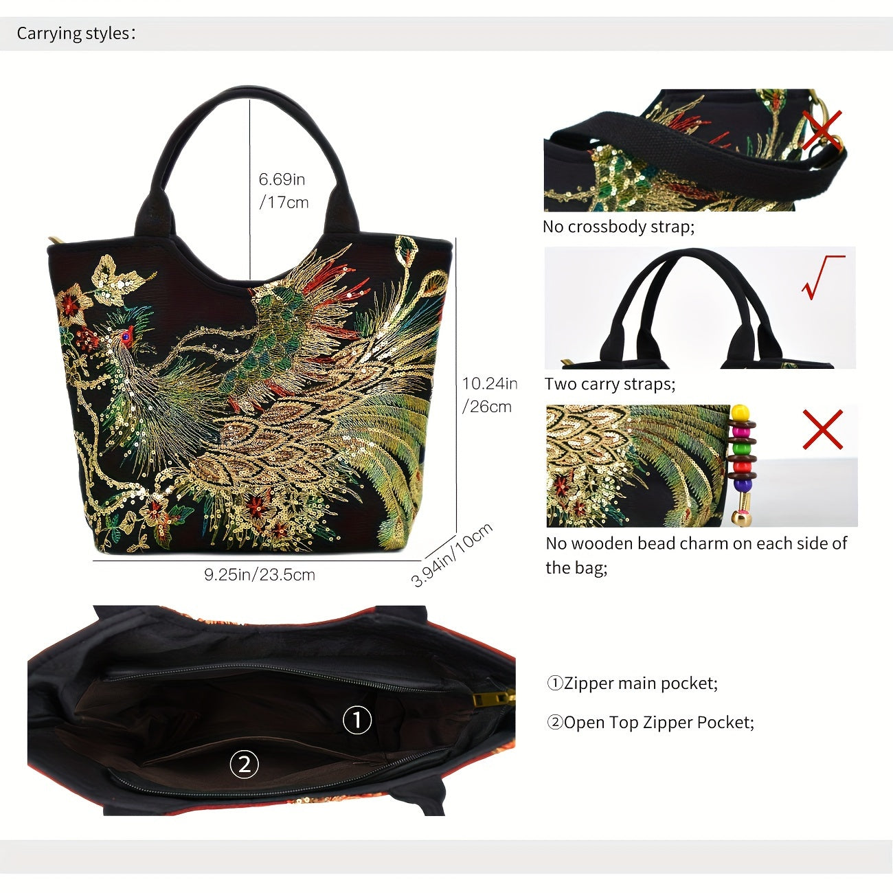 fachgo | Wo 'S Embroidered Satchel Bag, Fashion Double Handle Purse, Retro Style Handbag with Removable Strap
