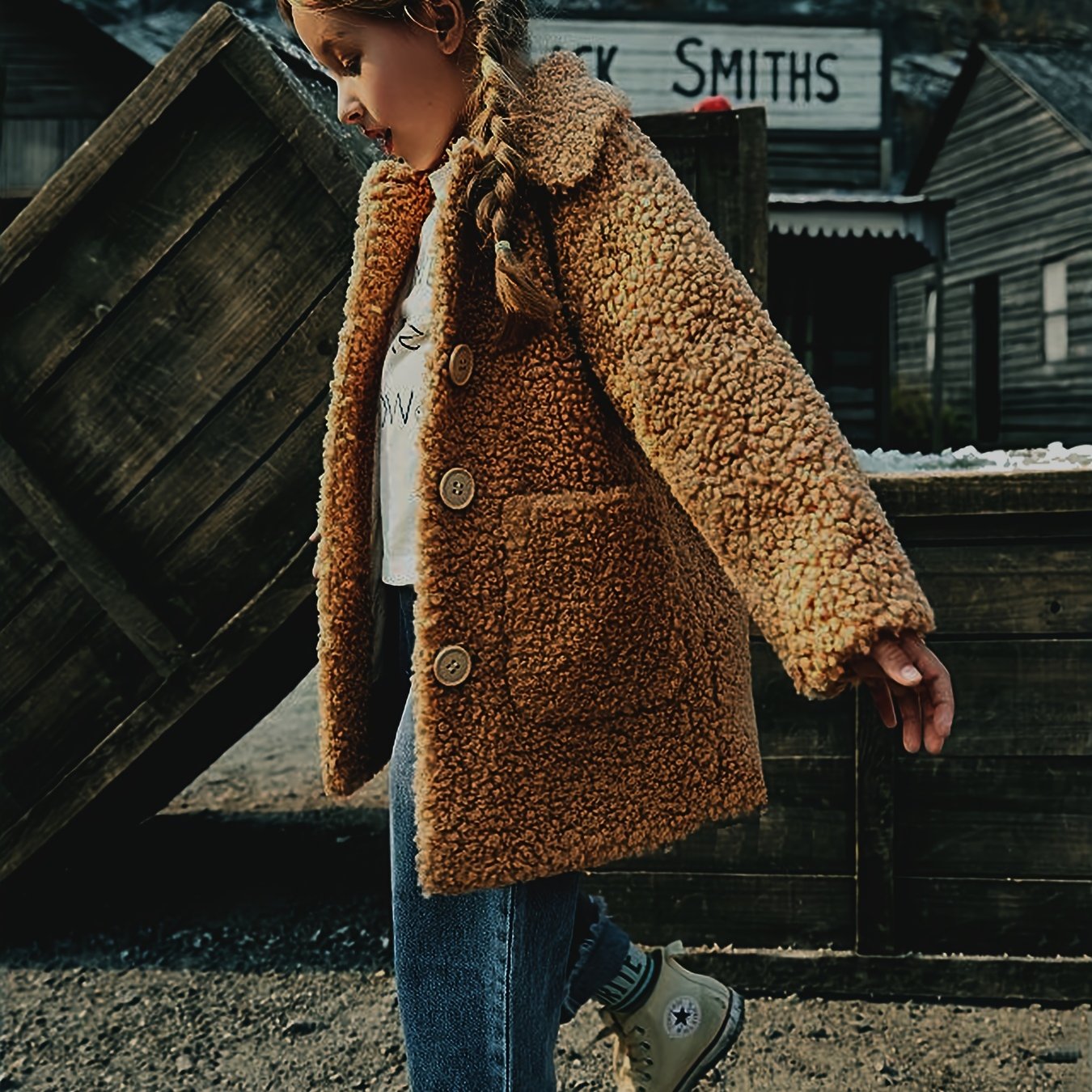 fachgo | [Lamb Fur Jacket] Girls' Lamb Fur Jacket | JOMAKE Korean-Style Lapel Collar, Two-Tone, Warm Windbreaker with Pockets, Lining, Button Closure, Long Sleeves for Winter