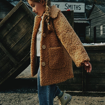 fachgo | [Lamb Fur Jacket] Girls' Lamb Fur Jacket | JOMAKE Korean-Style Lapel Collar, Two-Tone, Warm Windbreaker with Pockets, Lining, Button Closure, Long Sleeves for Winter