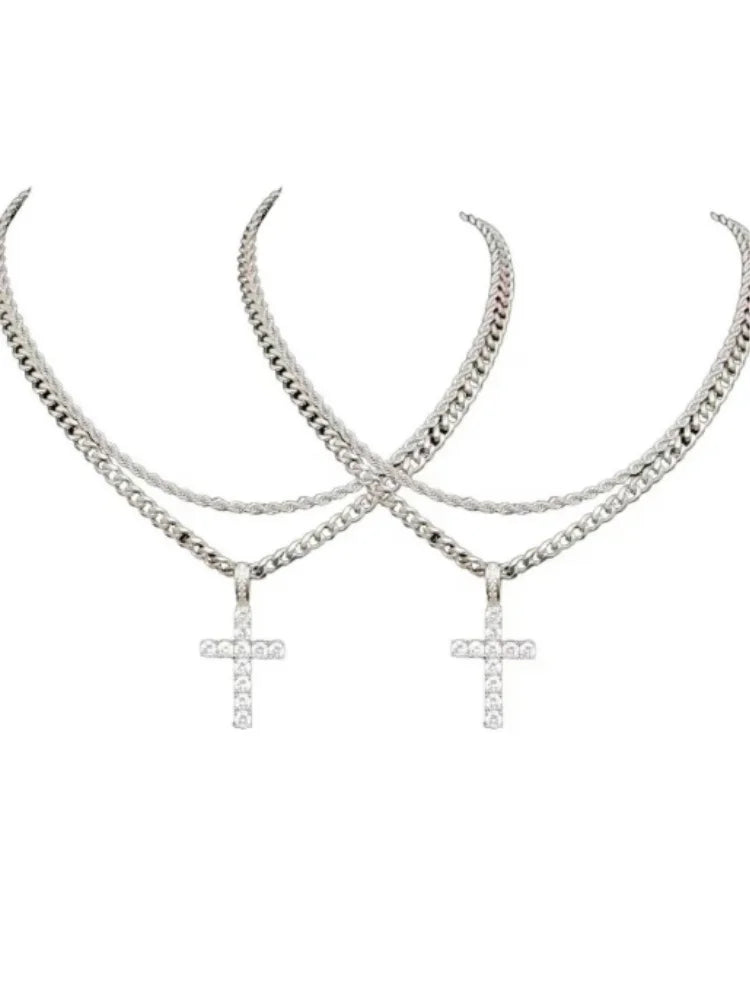 fachgo | Layered Cuban Chain Cross Necklace Set