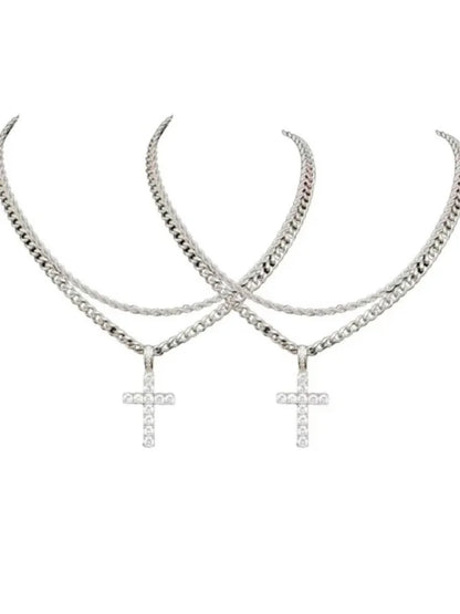 fachgo | Layered Cuban Chain Cross Necklace Set