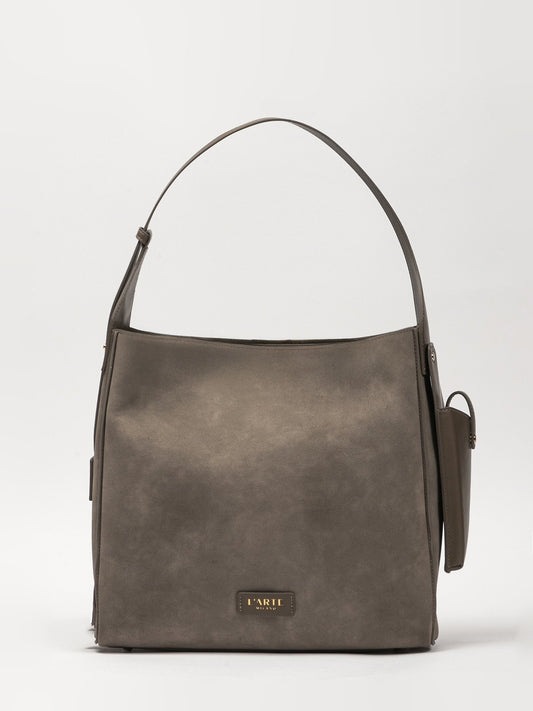 Women's handbag in grey suede, dimensions 30.5x13.5x28 cm, made in China, stylish and practical accessory.