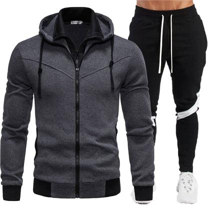 Casual Slim Fit Color Block Hooded Jacket Sportswear Suit