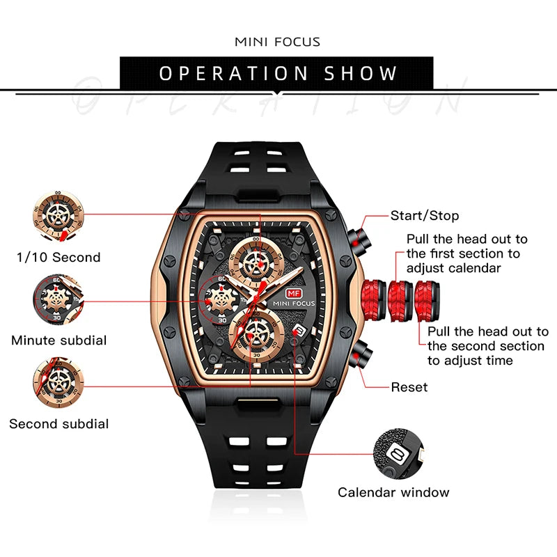 fachgo | MINI FOCUS 0473 Sport Watch for Men Silicone Waterproof Luminous Quartz Watches Business Calendar Multi-function Wristwatch Mens