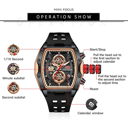 fachgo | MINI FOCUS 0473 Sport Watch for Men Silicone Waterproof Luminous Quartz Watches Business Calendar Multi-function Wristwatch Mens