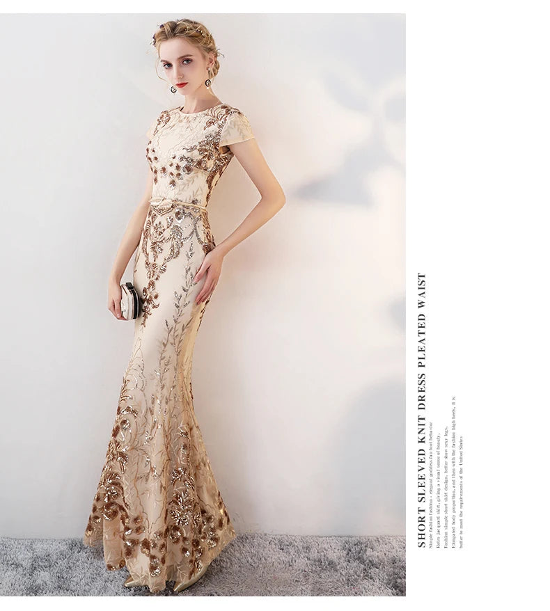 fachgo | 2024 Prom Dresses Mermaid Evening Dresses Long Golden Prom Dress Vestidos De Fiesta Evening Gown Sequined Evening Gowns