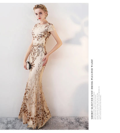 fachgo | 2024 Prom Dresses Mermaid Evening Dresses Long Golden Prom Dress Vestidos De Fiesta Evening Gown Sequined Evening Gowns