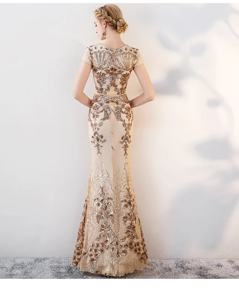 fachgo | 2024 Prom Dresses Mermaid Evening Dresses Long Golden Prom Dress Vestidos De Fiesta Evening Gown Sequined Evening Gowns
