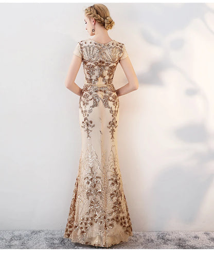 fachgo | 2024 Prom Dresses Mermaid Evening Dresses Long Golden Prom Dress Vestidos De Fiesta Evening Gown Sequined Evening Gowns