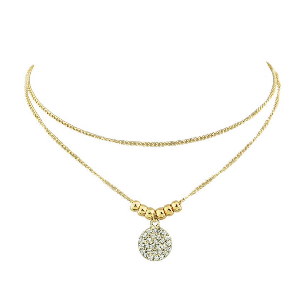 Trendy Jewellery 2 pcs Gold Silver Chain Rhinestone Decor Round Pendant Necklace with gold chains and round pendant.