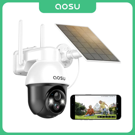 fachgo | AOSU 3MP PTZ Solar Security Camera 5000mAh Battery Wireless 2.4Ghz WIFI Camera PIR AI Detection 2-Way Audio Outdoor CCTV Camera