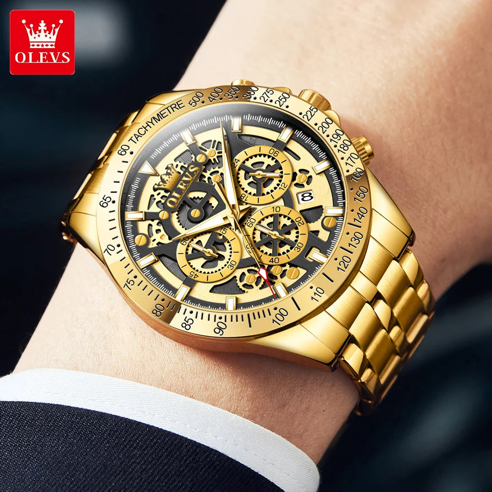 fachgo | OLEVS Lxuxry Brand Gold Men's Watches Full Skeleton Stainless steel Chronograph Wristwatch Waterproof Luminous Quartz Watch Men