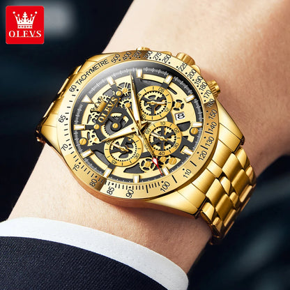 fachgo | OLEVS Lxuxry Brand Gold Men's Watches Full Skeleton Stainless steel Chronograph Wristwatch Waterproof Luminous Quartz Watch Men