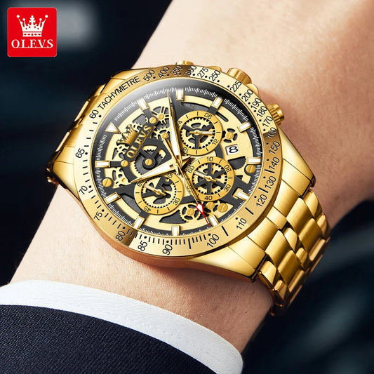 fachgo | OLEVS Lxuxry Brand Gold Men's Watches Full Skeleton Stainless steel Chronograph Wristwatch Waterproof Luminous Quartz Watch Men