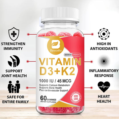 fachgo | BEWORTHS 60PCS Vitamin D3+K2 Gummies 1000 IU Vitamin D3 + 45 Mcg Vitamin K2 for Bone Health Promotes Healthy Muscle Function