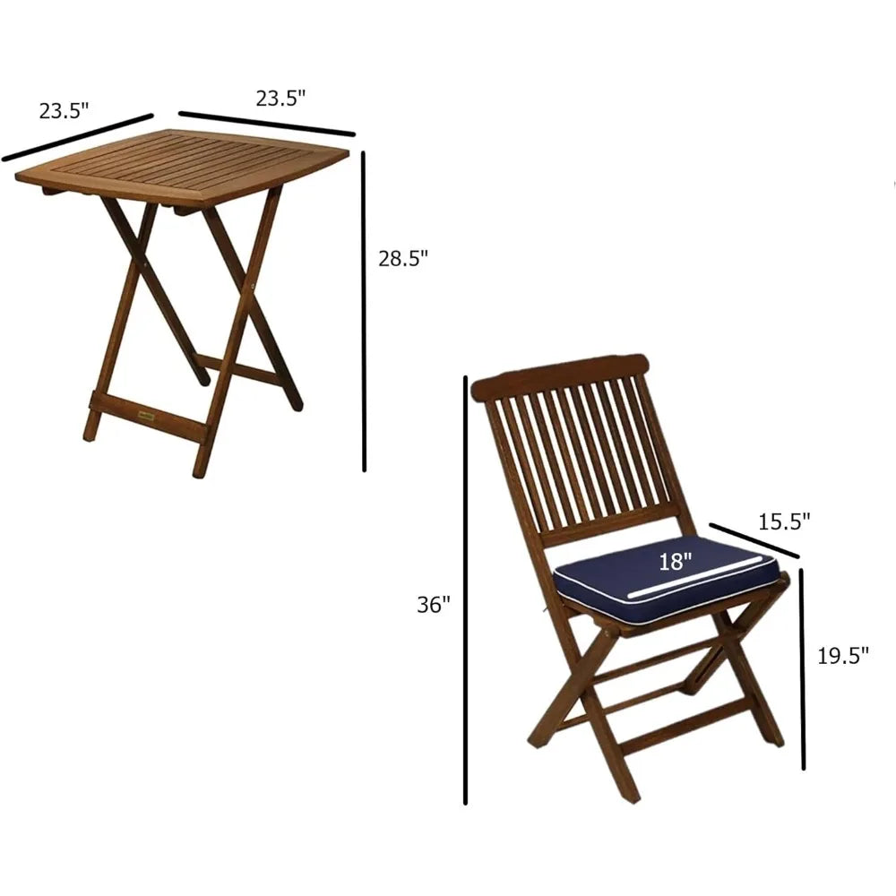 fachgo | Square Foldable Bistro Patio Furniture Set - 3-Piece Eucalyptus Wood Outdoor Set with Table and 2 Cushioned Chairs, Ideal for Ou