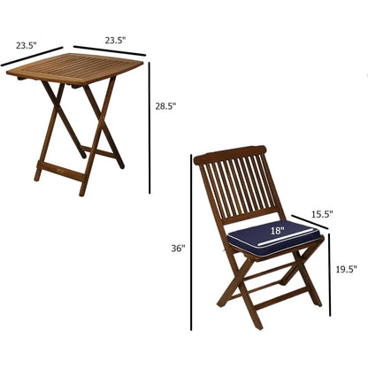 fachgo | Square Foldable Bistro Patio Furniture Set - 3-Piece Eucalyptus Wood Outdoor Set with Table and 2 Cushioned Chairs, Ideal for Ou