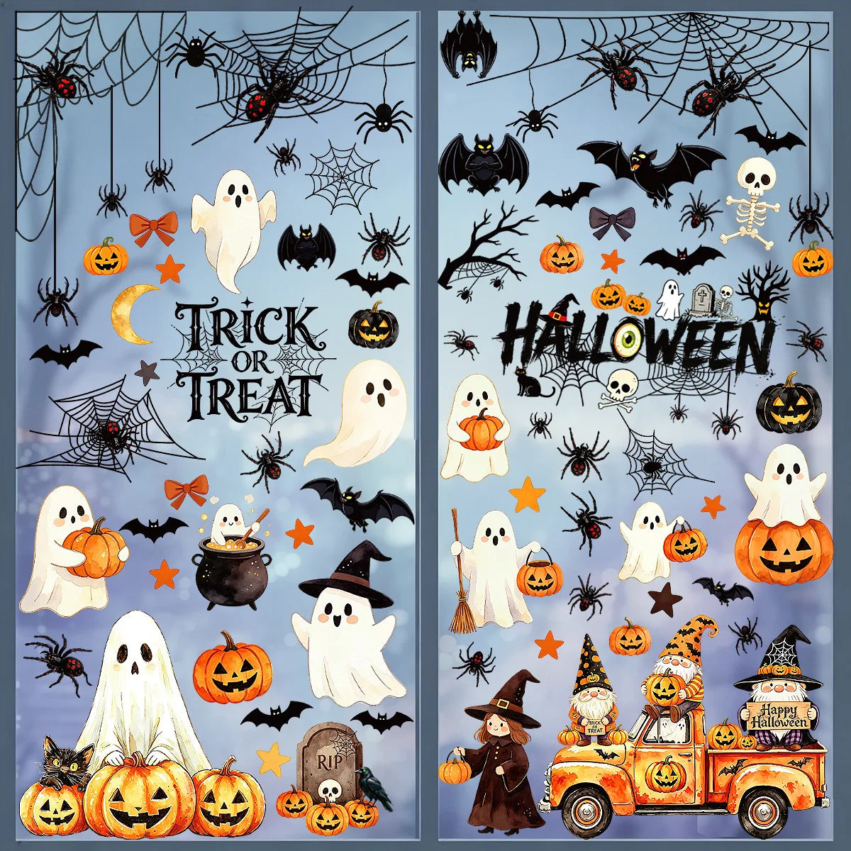 Halloween Static Window Clings PVC Ghost Pumpkin Spider Bat Window Stickers Removable Glass Decals Home Party Window Decor