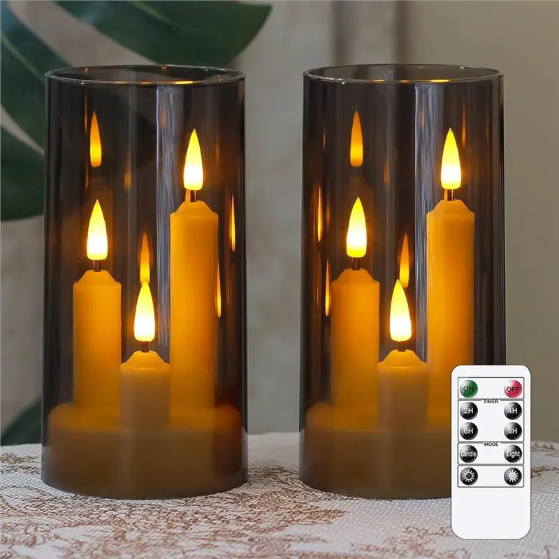 B89B-Flameless Taper Short Candles 3 In 1 Design With 10 Key Remote Control And Timer, 3" X 6" Grey Pillar Flickering Warm Light