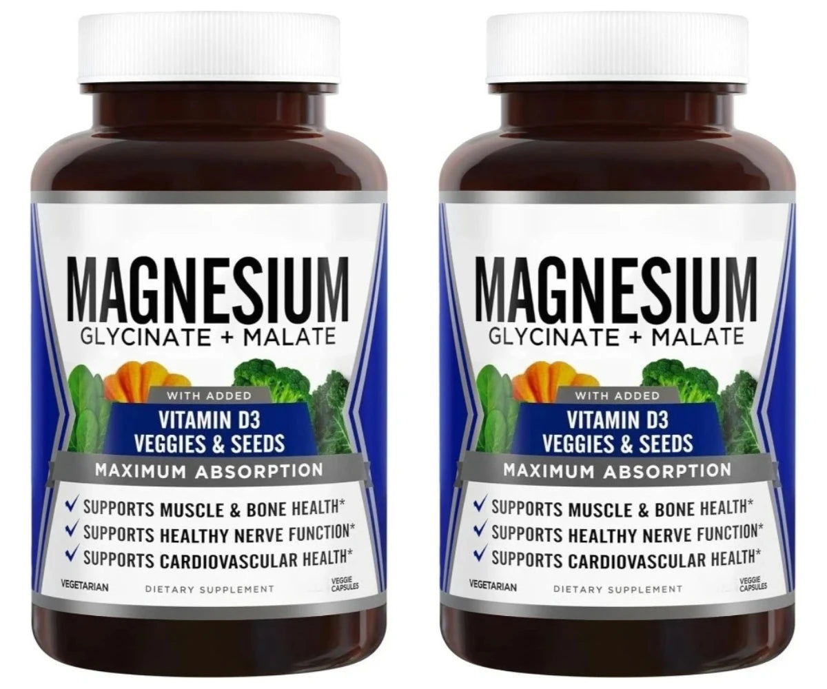 90 Capsules Magnesium Complex Supplement with Glycinate Malate and Vitamin D3 Daily Support Bone and Muscle Health Plant Vegan