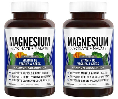90 Capsules Magnesium Complex Supplement with Glycinate Malate and Vitamin D3 Daily Support Bone and Muscle Health Plant Vegan