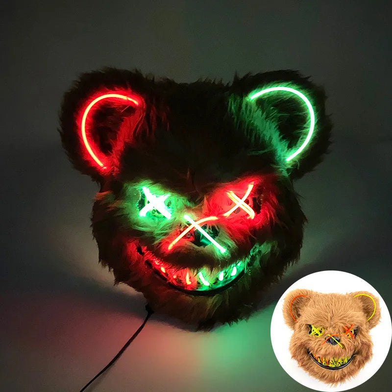 Halloween Light Up Horror Animal Mask LED Luminous Bloody Bear Mask Flashing Neon Cosplay Scary Masquerade Party Mask Supplies