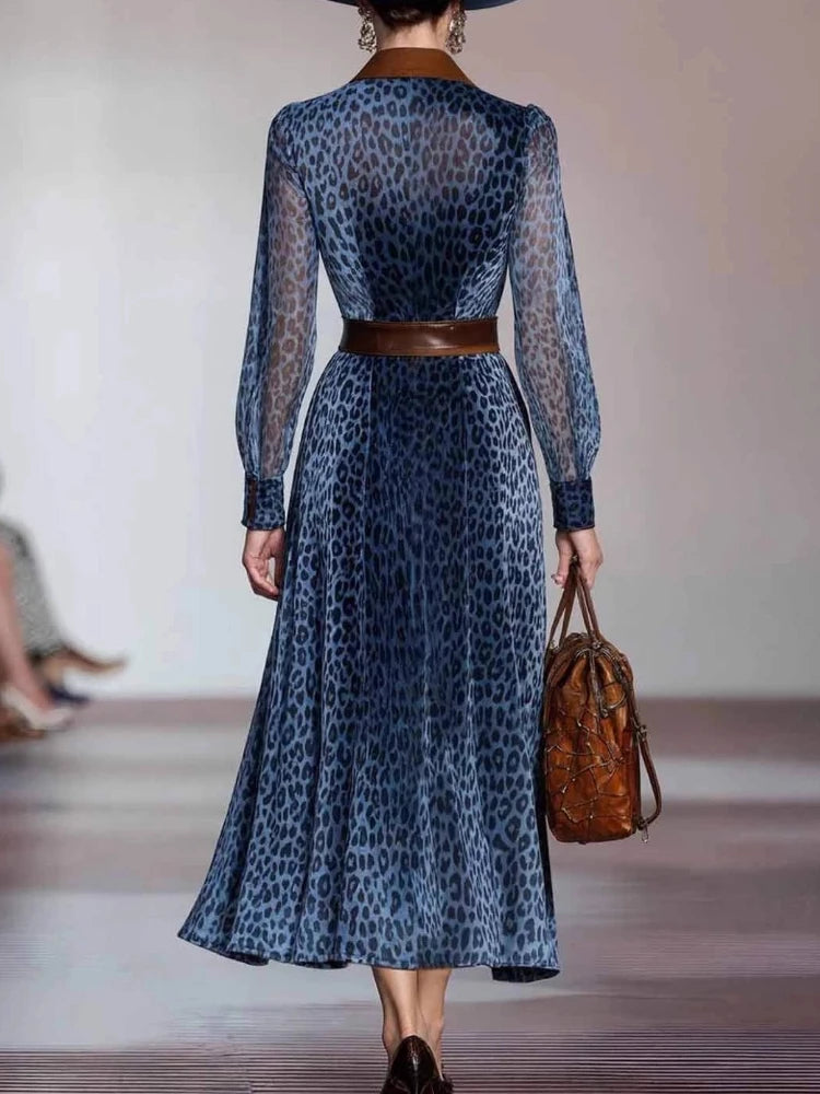 fachgo | Elegant Woman Dresses Retro Turndown Collar Leopard Print Long Dress Autumn Single Breasted Long Sleeve Western Cowboy Dress