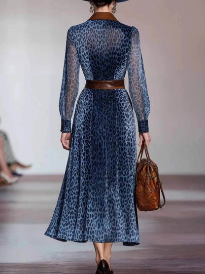 fachgo | Elegant Woman Dresses Retro Turndown Collar Leopard Print Long Dress Autumn Single Breasted Long Sleeve Western Cowboy Dress