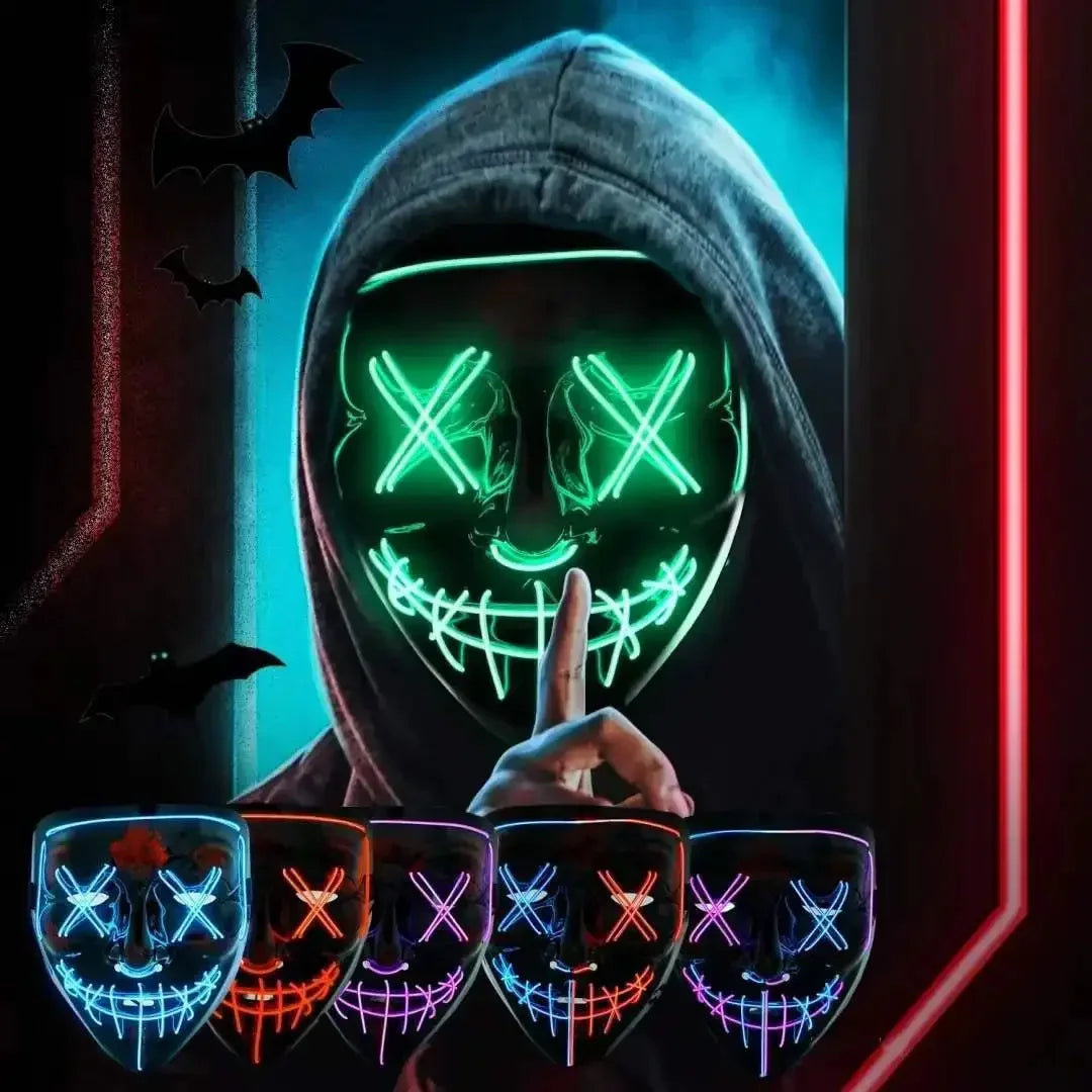 Cosplay Halloween Costume LED Light Up Scary Mask Halloween Mask Face for Man Kids Techwear Mask Lace Face Mask Party Decoration