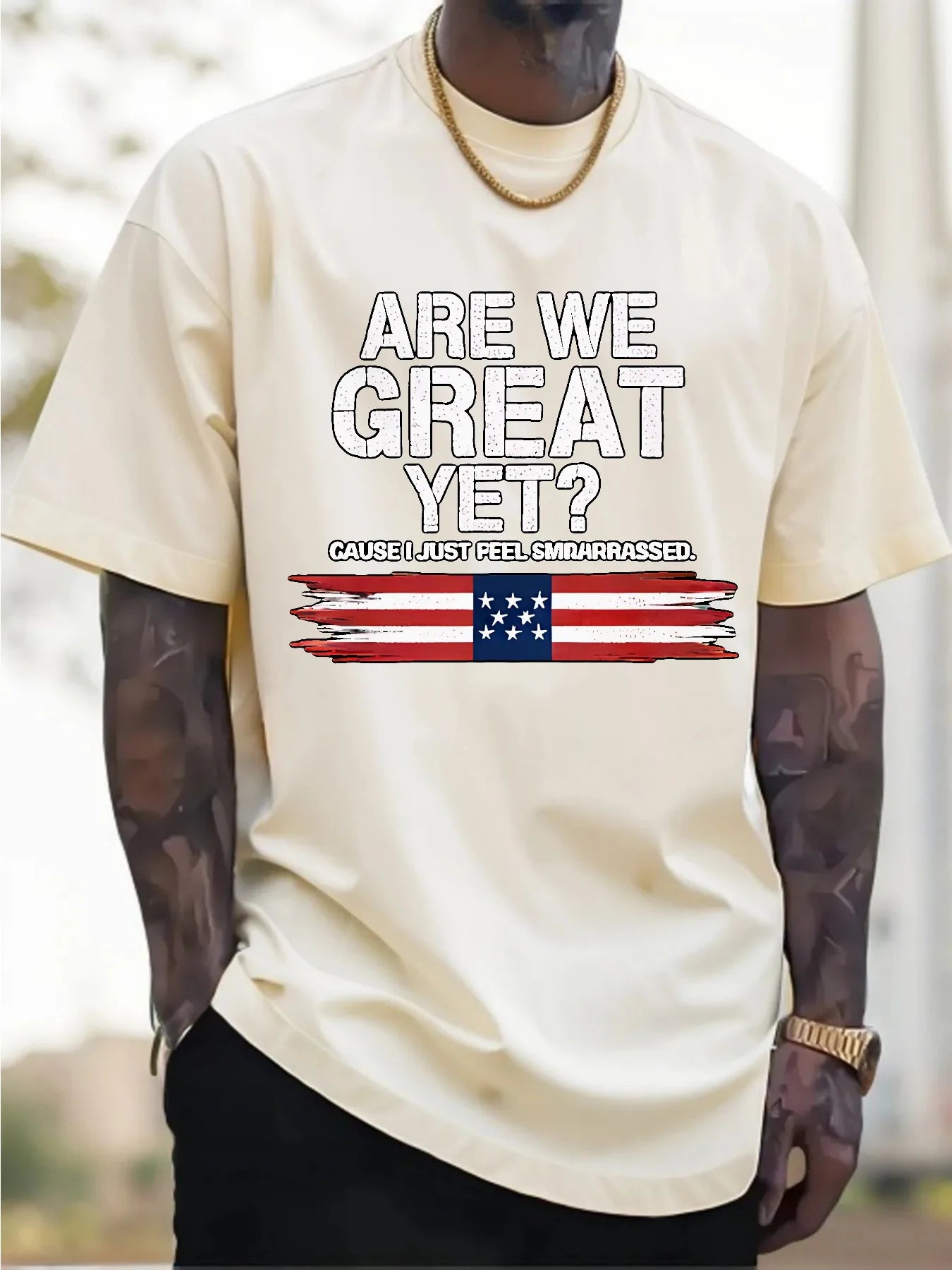 fachgo | New Pure Cotton Men'sT-Shirt with Are We Great Yet American Flag Print for Casual Wear Graphic Tee Breathable and Comfort