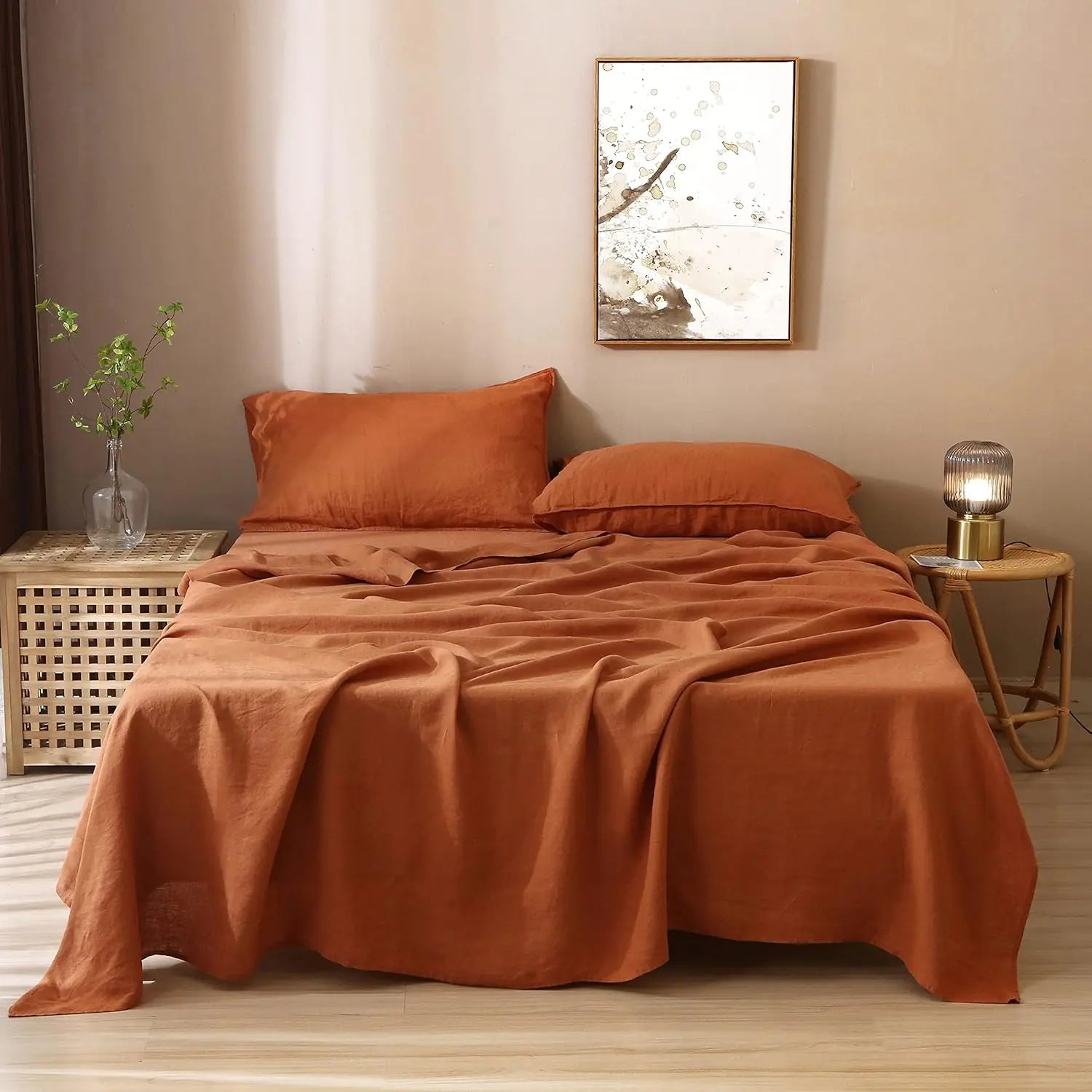 fachgo | Linen Sheets Set,100% French Stone Washed Pure Linen Bed Sheets, 3 Pieces (1 Flat Sheet, 2 Pillowcase) Suitable for Hot Sleepers