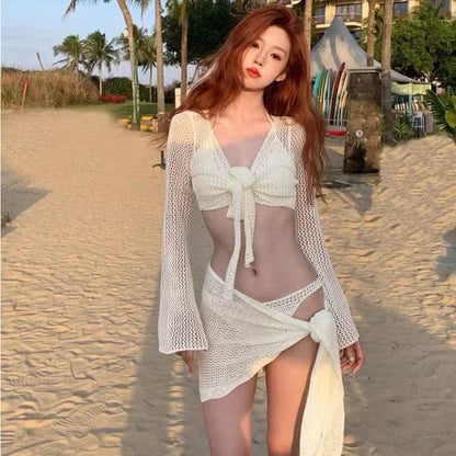 fachgo | 4-Piece Lace-Up Bikini Set with Cover-Up